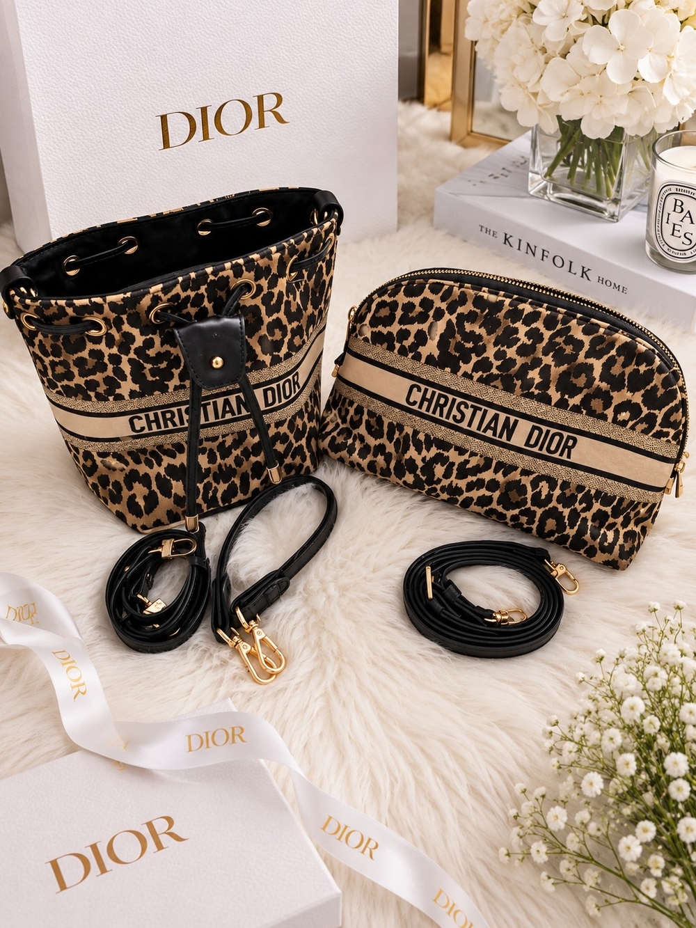 BUNDLE DEAL 2PCS Leopard-Print Canvas Bucket Bag & Pouch — Black & Brown